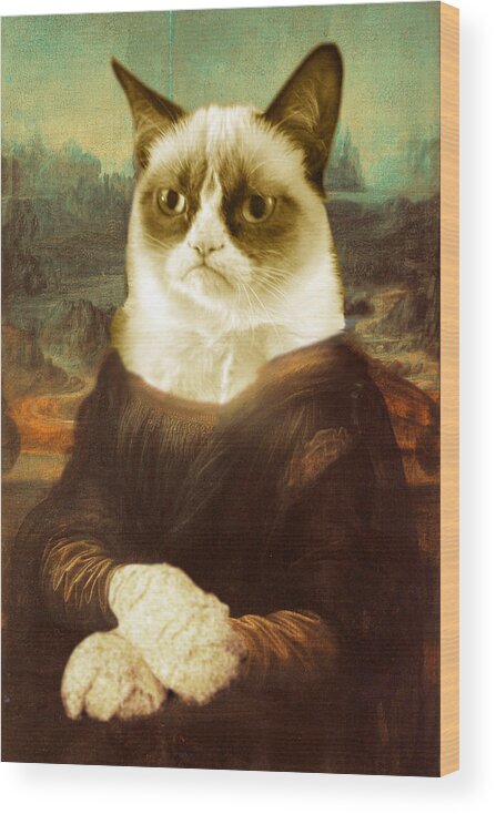 Leonardo Da Vinci Wood Print featuring the painting Grumpy Cat Mona Lisa by Tony Rubino
