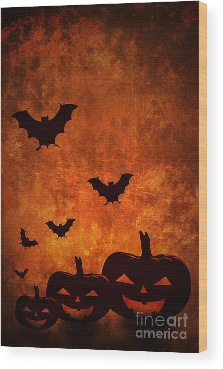 Halloween Wood Print featuring the digital art Halloween Pumpkins and Bats by Jelena Jovanovic