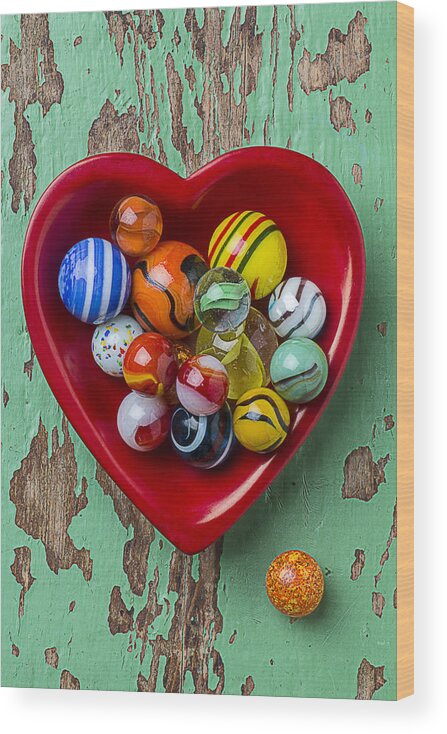 Heart Wood Print featuring the photograph Heart Dish With Marbles by Garry Gay