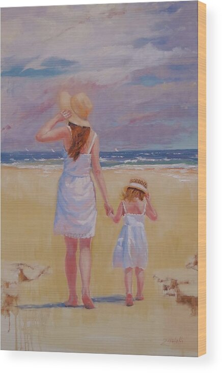 The Beach Wood Print featuring the painting Hold On by Laura Lee Zanghetti
