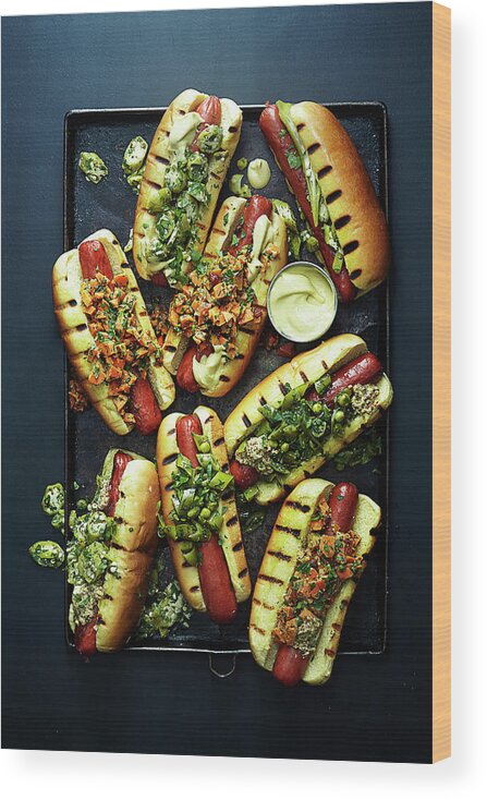 Spot Lit Wood Print featuring the photograph Hot Dogs With Relish by Photograph By Eric Isaac
