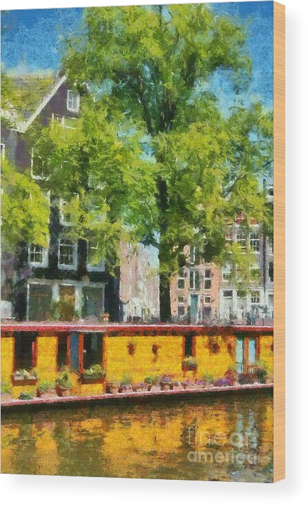Amsterdam Wood Print featuring the painting Houseboat in Amsterdam by George Atsametakis