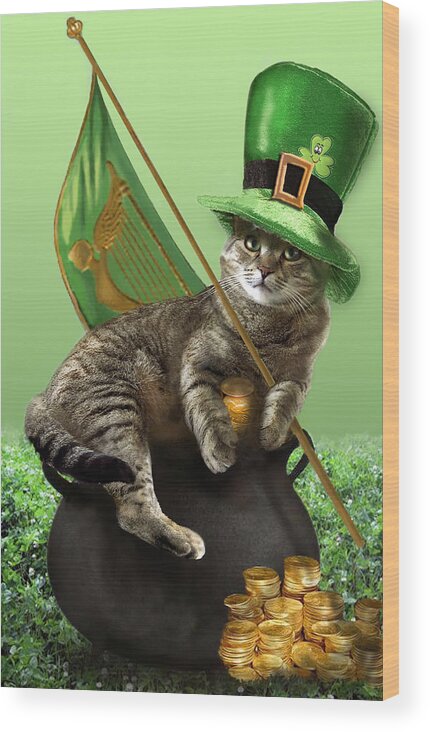  Humorous Holliday St. Patrick's Day Irish Cat Wood Print featuring the painting St. Patrick's day Irish cat sitting on a pot of gold by Regina Femrite