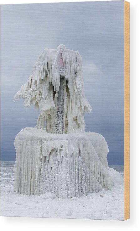 Lighthouse Wood Print featuring the photograph Ice Covered Warning Tower along Lake Michigan in St. Joseph Michigan by Peter Ciro