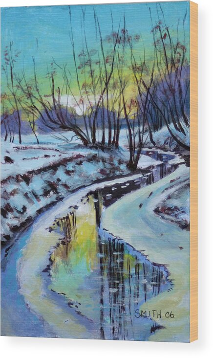 Winter Landscape River Frozen Subnset Wood Print featuring the painting Iced River by Tom Smith