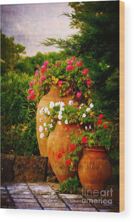 Geraniums Wood Print featuring the photograph In a Portuguese Garden - digital oil by Mary Machare