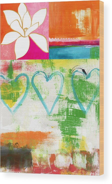 Magnolia Wood Print featuring the painting In Bloom- colorful heart and flower art by Linda Woods