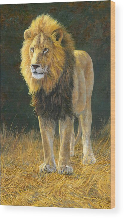 Lion Wood Print featuring the painting In His Prime by Lucie Bilodeau