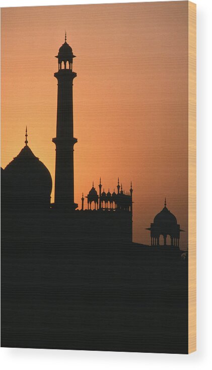 Orange Color Wood Print featuring the photograph Jama Masjid dome and minaret silhouetted at sunset, Delhi, India, Indian Sub-Continent by Richard I'Anson