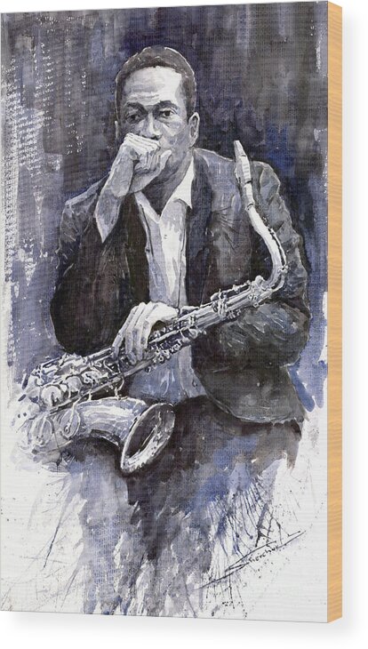 Jazz Wood Print featuring the painting Jazz Saxophonist John Coltrane black by Yuriy Shevchuk