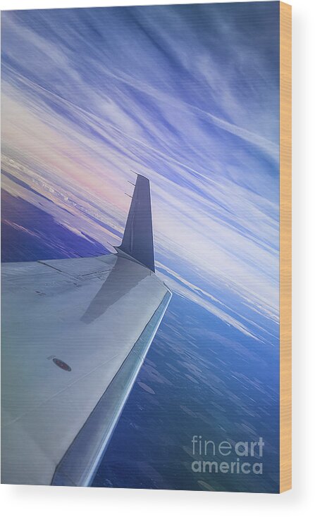 Jet Plane And Blue Sky With Clouds Wood Print featuring the photograph Jet Plane And Blue Sky With Clouds by Jerry Cowart
