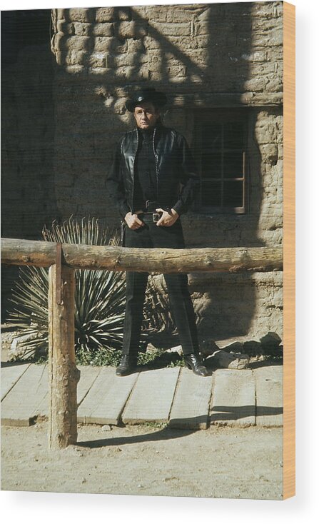 Johnny Cash By Rail Old Tucson Arizona Tv Remake Of Stagecoach Ted Post John Wayne Clint Eastwood Wood Print featuring the photograph Johnny Cash by rail Old Tucson Arizona by David Lee Guss