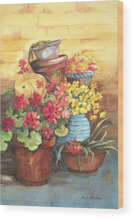 Geraniums Wood Print featuring the painting Jumble of Pots by Barbara Parisien