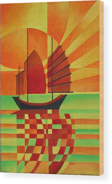 Sailboat Wood Print featuring the painting Junk On A Sea Of Green by Taiche Acrylic Art