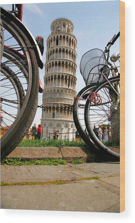 Architecture Wood Print featuring the photograph Leaning Bicycles of Pisa by Peter Tellone