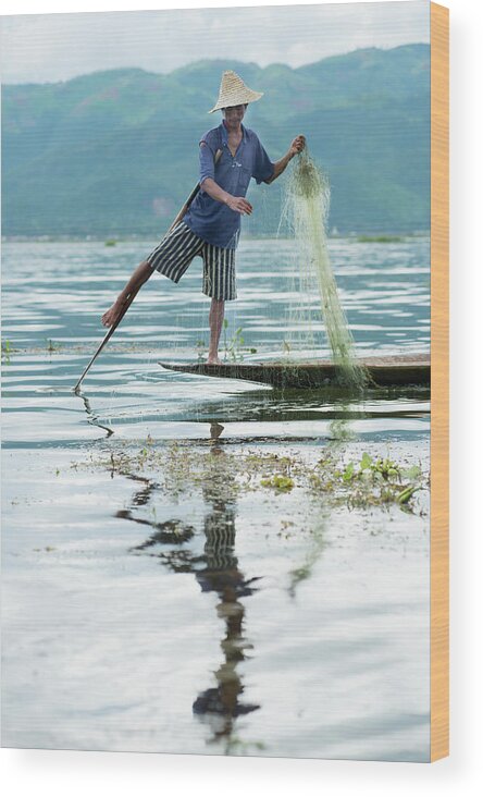 Straw Hat Wood Print featuring the photograph Leg-rowing Fisherman, Inle Lake, Shan by Cultura Rm Exclusive/yellowdog