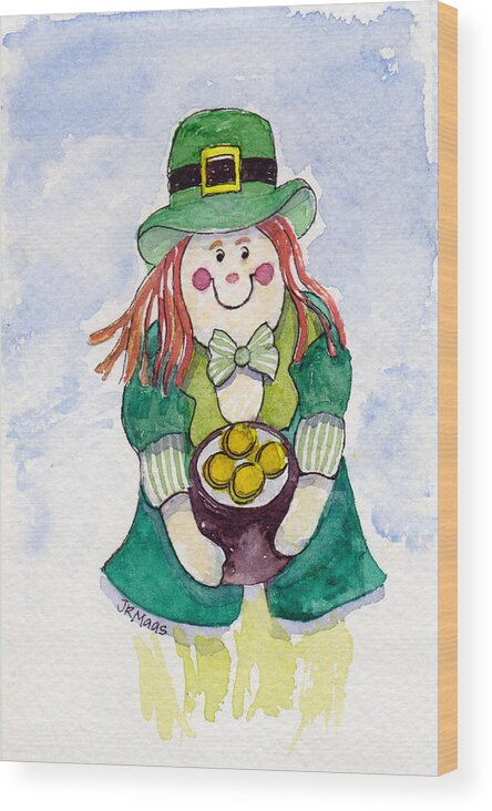 An Irish Leprechaun Lassie Awaits The Job Of Decorating For St Paddy's. Wood Print featuring the painting Leprechaun Lassie by Julie Maas