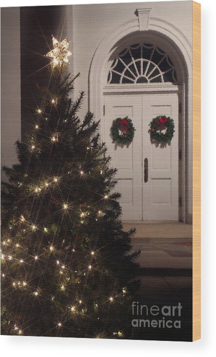 Christian Wood Print featuring the photograph Lighted Christmas Tree with Church Doors at Night by Karen Lee Ensley