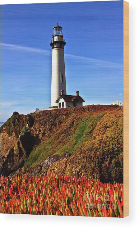 Lighthouse Wood Print featuring the photograph Lighthouse with Red Blooms by Charles Lupica