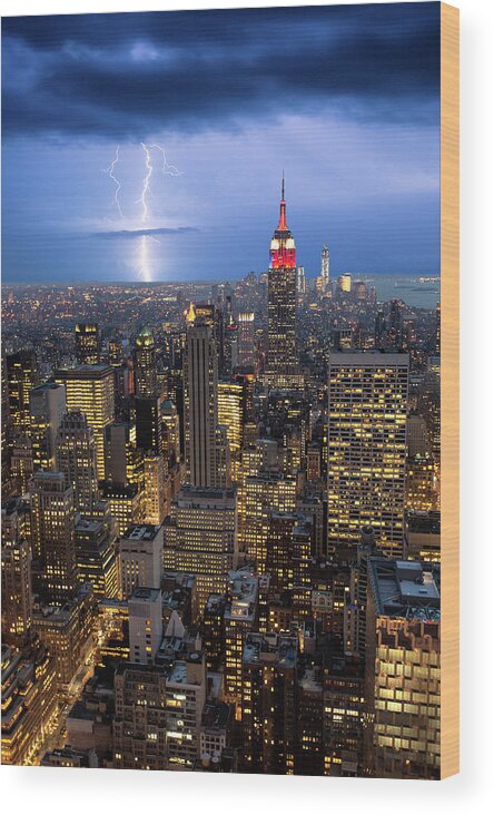 Risk Wood Print featuring the photograph Lightning Striking Over Manhattan by Mike Hill