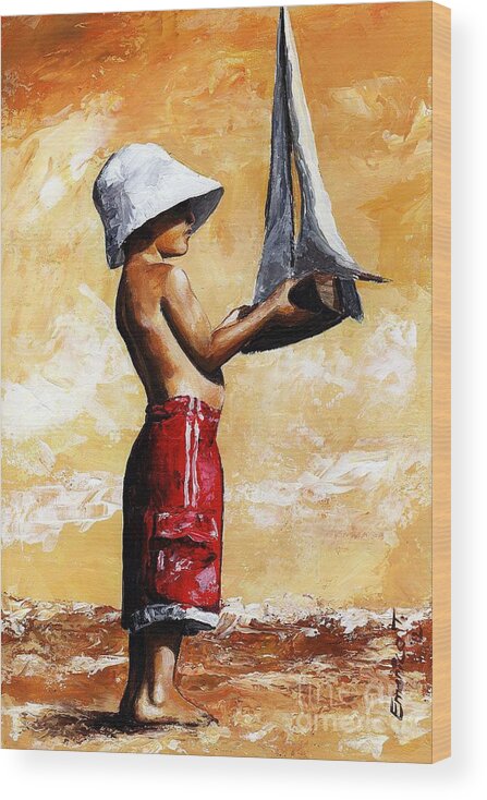 Little Boy Wood Print featuring the painting Little boy in the beach by Emerico Imre Toth