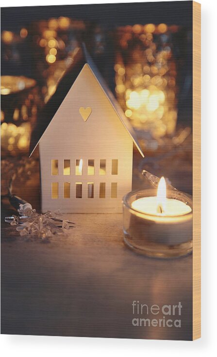 Bright Wood Print featuring the photograph Little white house lit with candle for the holidays by Sandra Cunningham