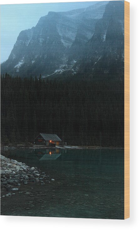 Lake Loise Wood Print featuring the photograph Log Cabin by the Lake by Pierre Leclerc Photography