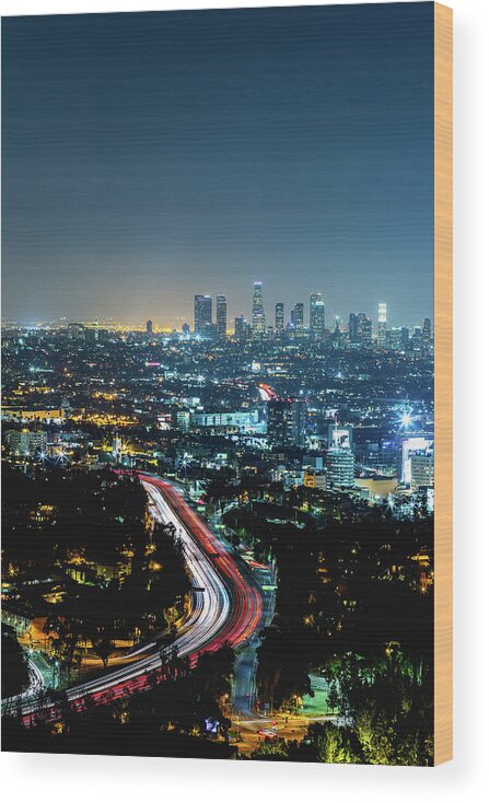 Scenics Wood Print featuring the photograph Los Angeles Night Cityscape by Deimagine