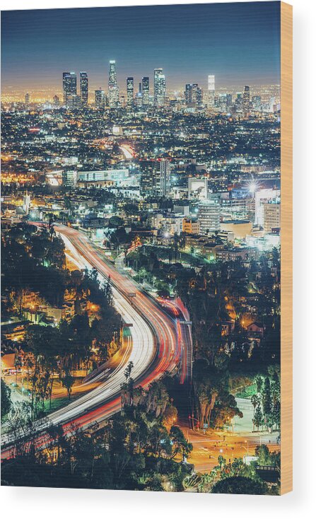 Downtown District Wood Print featuring the photograph Los Angeles Skyline At Night by Ferrantraite