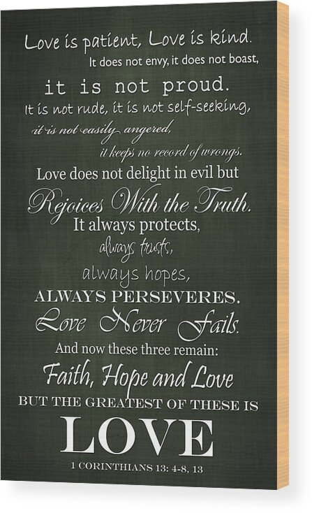 Religious Quote Wood Print featuring the digital art Love is Patient Green by Inspired Arts