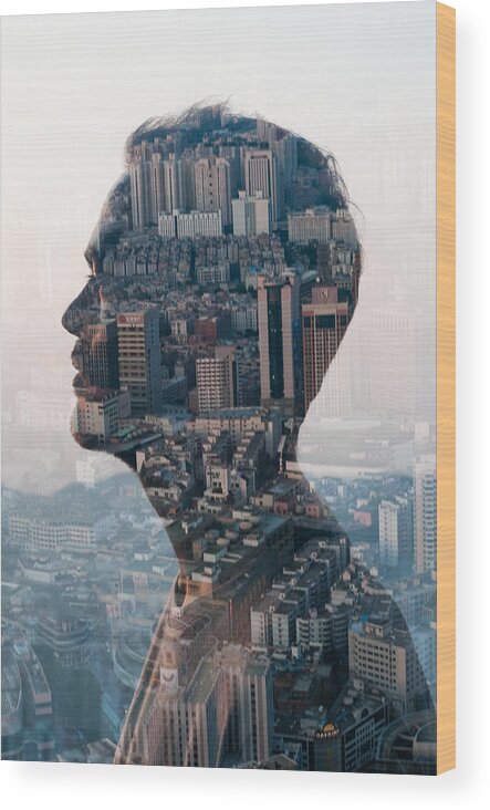 Corporate Business Wood Print featuring the photograph Man And Cityscape,double Exposure by Jasper James