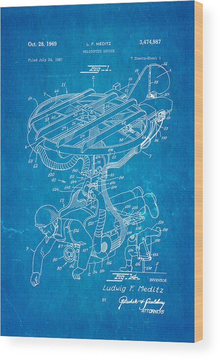 Aviation Wood Print featuring the photograph Meditz Helicopter Device Patent Art 1969 Blueprint by Ian Monk