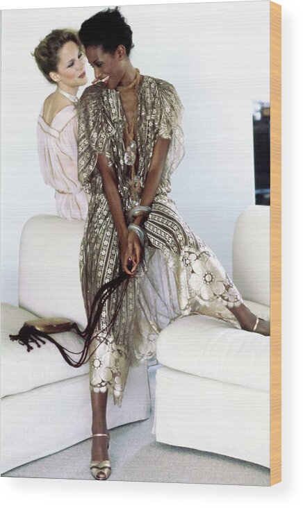 Fashion Wood Print featuring the photograph Models Wearing Chiffon Dresses by Arthur Elgort