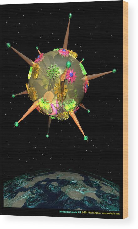 3d Art: 3d Art; Abstract: Color; Abstract: Geometric; Science Fiction & Fantasy: Space Wood Print featuring the digital art Momentary Sputnik 11 by Ann Stretton