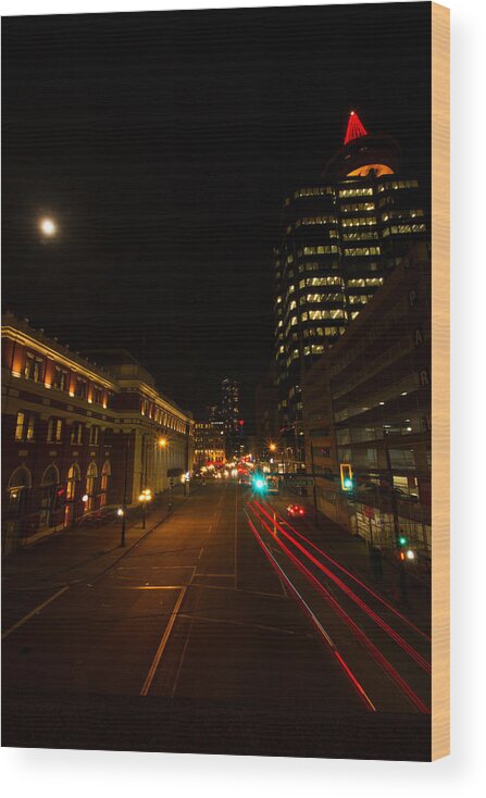 Vancouver Wood Print featuring the photograph Moonlight over the city by Haren Images- Kriss Haren