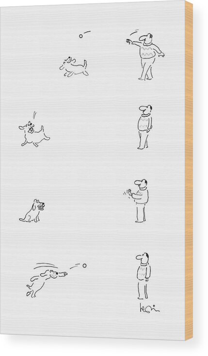 No Caption
Four-picture Series Starting With Man Throwing Ball To Dog Wood Print featuring the drawing New Yorker April 25th, 1988 by Arnie Levin