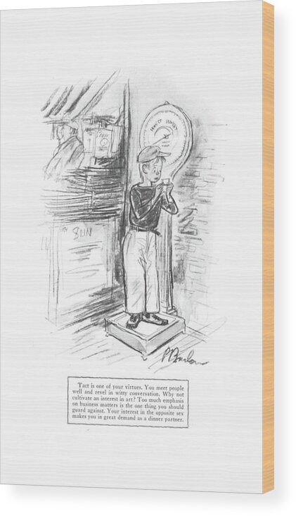 112075 Pba Perry Barlow Little Boy On Scale Reads His Fortune. Adult Boy Character Characteristics Comprehend Comprehension Entertainment Fortune Fun Future Identity Little Predict Prediction Reads Scale Scales Understand Weigh Weight Wood Print featuring the drawing New Yorker August 1st, 1942 by Perry Barlow