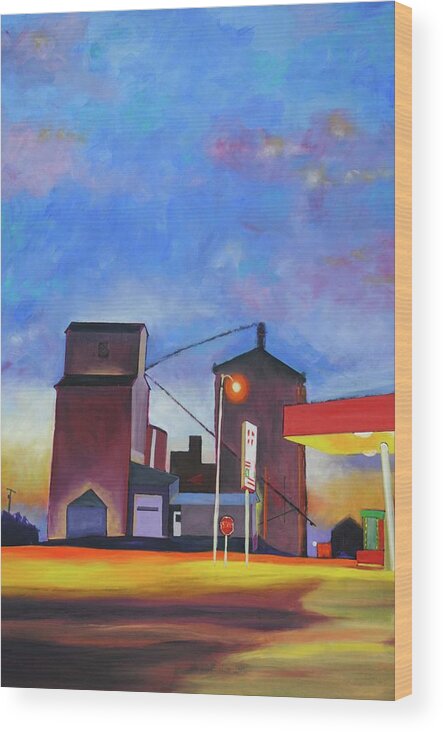 Landscape Wood Print featuring the painting Night Silo by Dan Scannell