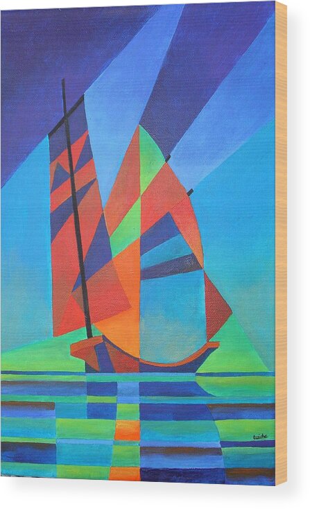 Sailboat Wood Print featuring the painting Nightboat by Taiche Acrylic Art