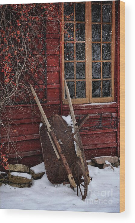 Atmosphere Wood Print featuring the photograph Old wheelbarrow leaning against barn in winter by Sandra Cunningham