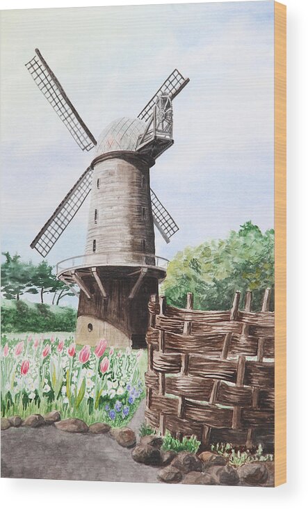 Windmill Wood Print featuring the painting Old Windmill. Golden Gate Park. San Francisco by Masha Batkova
