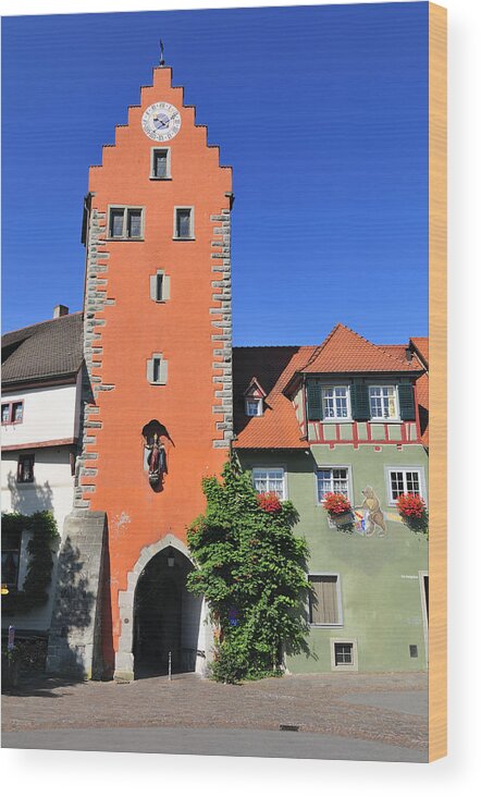 Meersburg Wood Print featuring the photograph Orange tower and blue sky - City gate in Meersburg Germany by Matthias Hauser