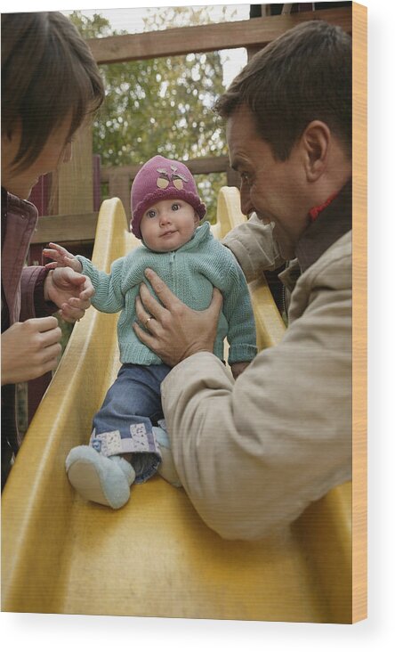 Mid Adult Women Wood Print featuring the photograph Parents with baby playing on slide by Comstock Images