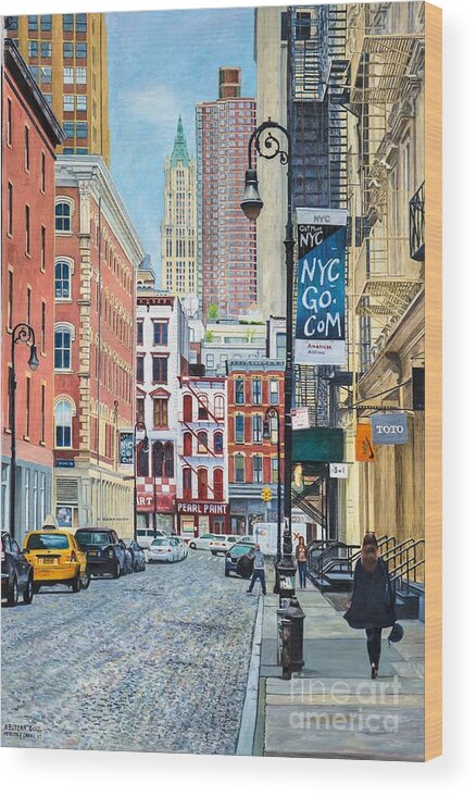 Taxi Wood Print featuring the painting Pearl Paint Canal St. from Mercer St. NYC by Anthony Butera