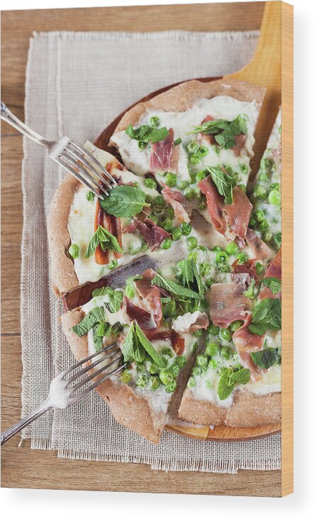Pizza Wood Print featuring the photograph Peas And Prosciutto Pizza by Alena Kogotkova