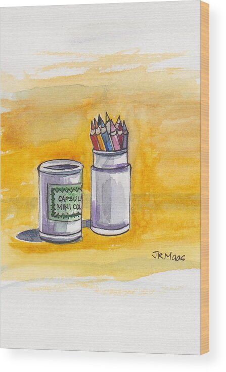 Cardboard Container Of Colored Pencils Wood Print featuring the painting Pencils At The Ready by Julie Maas