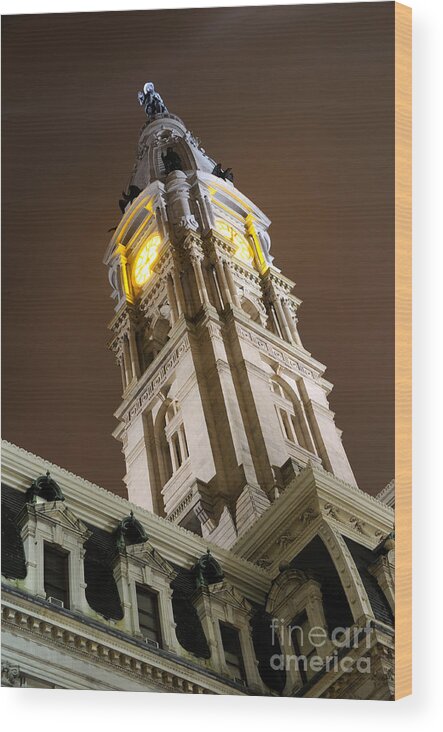 Philadelphia Wood Print featuring the photograph Philadelphia City Hall Clock Tower at Night by Gary Whitton