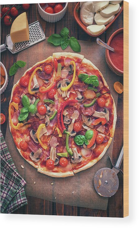 Chicken Meat Wood Print featuring the photograph Pizza With Ingredients by Kajakiki