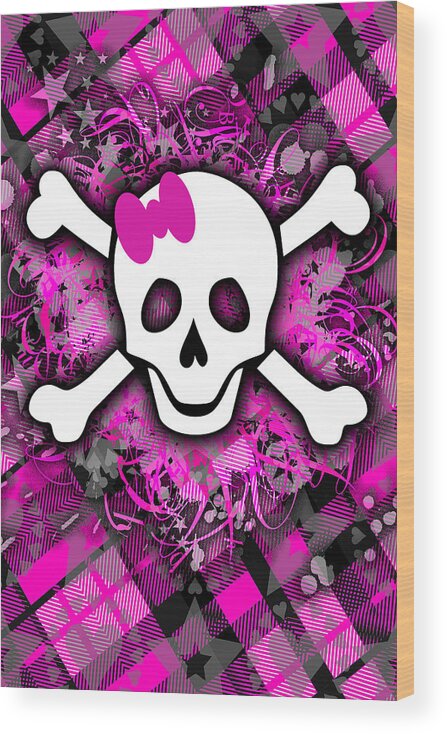Pink Bow Wood Print featuring the digital art Plaid Girly Skull by Roseanne Jones