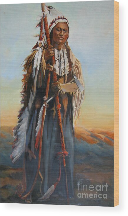 American Indian Portrait Wood Print featuring the painting Powderface by Synnove Pettersen